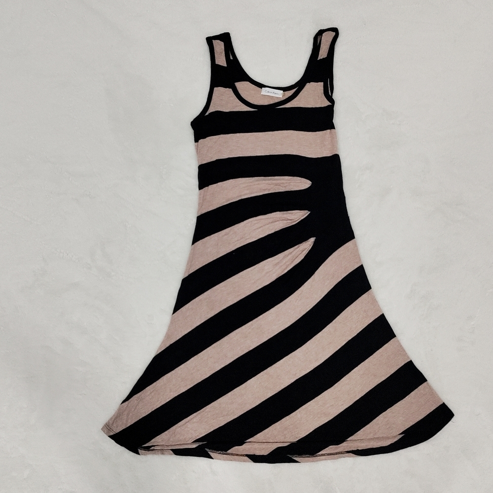 Calvin Klein Womens Tank Maxi Dress Size 6 Black Beige Ruched Sleeveless Casual